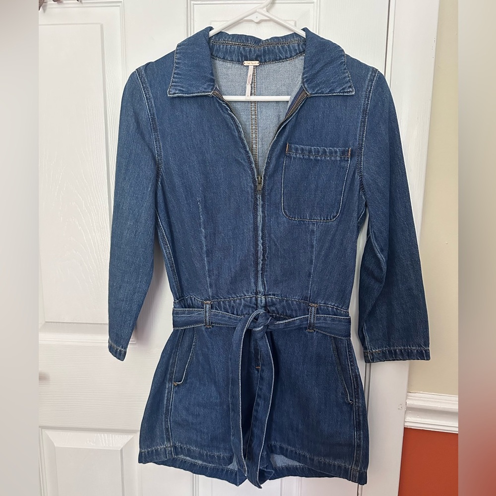 Free People Denim Long Sleeve Romper